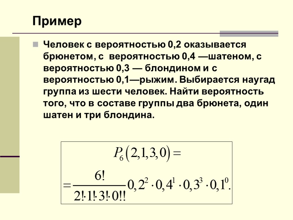 Пример Человек с вероятностью 0,2 оказывается брюнетом, с вероятностью 0,4 —шатеном, с вероятностью 0,3